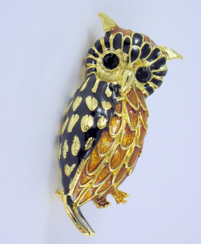 Owl Brooch Pin Enamel and gold tone metal Owl Pin, gold and black 2 1/2" tall - Picture 2 of 6