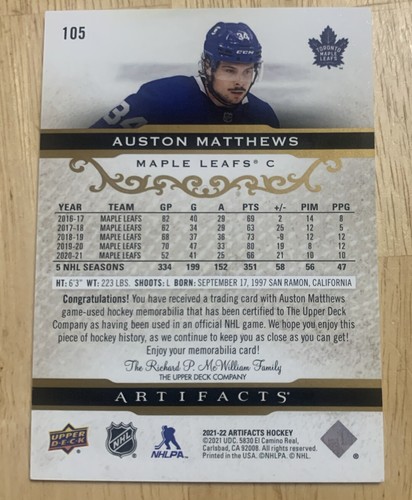 Parche doble artefactos de cubierta superior Auston Matthews 2021-22/199 #105 - Imagen 2 de 2
