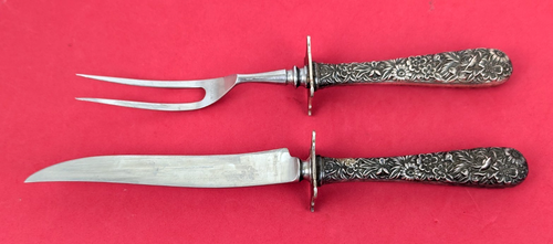 Sterling Silver S Kirk & Son Repousse 2 pc Steak Carving Set Fork and Knife - Picture 9 of 11