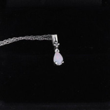 14k White Gold Natural Opal and Diamond Necklace 18 inch chain 1 mm