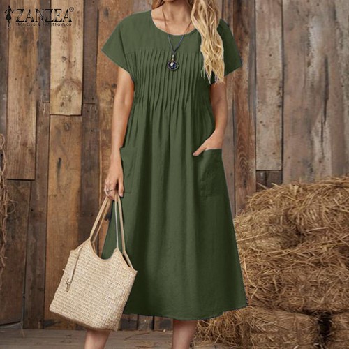 ZANZEA Women Summer Short Sleeve Pleated Casual Sundress Party Kaftan Long Dress - Bild 8 von 15