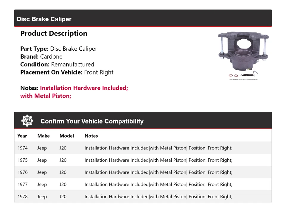 Pinza de freno de disco delantera derecha Cardone 1975 1976 1977 Jeep J20 1974-1978 Foto 2 de 4