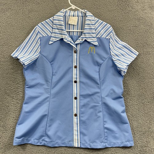 Vintage McDonalds Uniform Hemd Herren großer blauer Knopf 70er Jahre gestreift Mitarbeiter