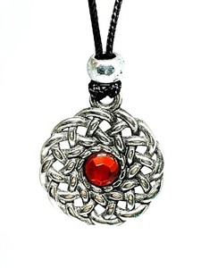 Celtic-Sun-Knot-Pewter-Red-Gem-Cubic-Zirconia-Pendant-Beaded-Cord-Lace-Necklace