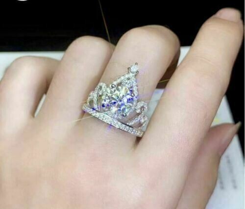 Crown 2.60 Ct Round Cut Diamond Lab-Created Engagement Ring 925 Sterling Silver - Picture 5 of 6