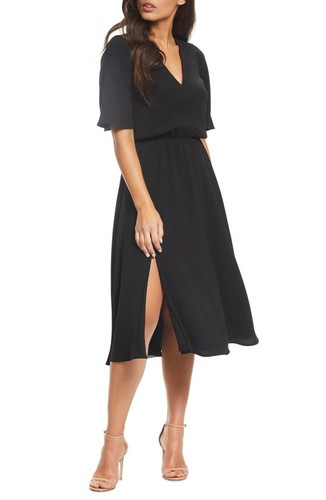 KLEID the POPULATION Lydia schwarz V-Ausschnitt Flatterärmel Cocktail LBD Midi M = 6/8 - Bild 4 von 9