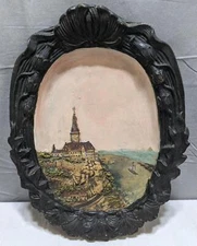Antique Terracotta Pottery 3D Relief Plaque Castle on Hill Sailboat Ornate Frame