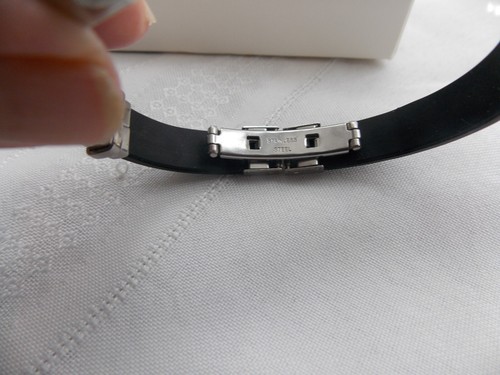 Stainless Steel Gold Tone Cross Black Rubber Clasp Bracelet #ST343 - Picture 5 of 6