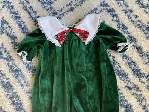 Vintage Little Precious Baby Girl Green Velvet Christmas Romper 0 - 6 months - Picture 2 of 3