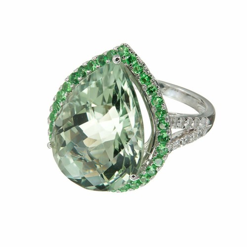 Faceted Top Pear Shape Prasiolite Green 16ct Quartz & Tsavorite Garnet Halo Ring - Picture 2 of 5