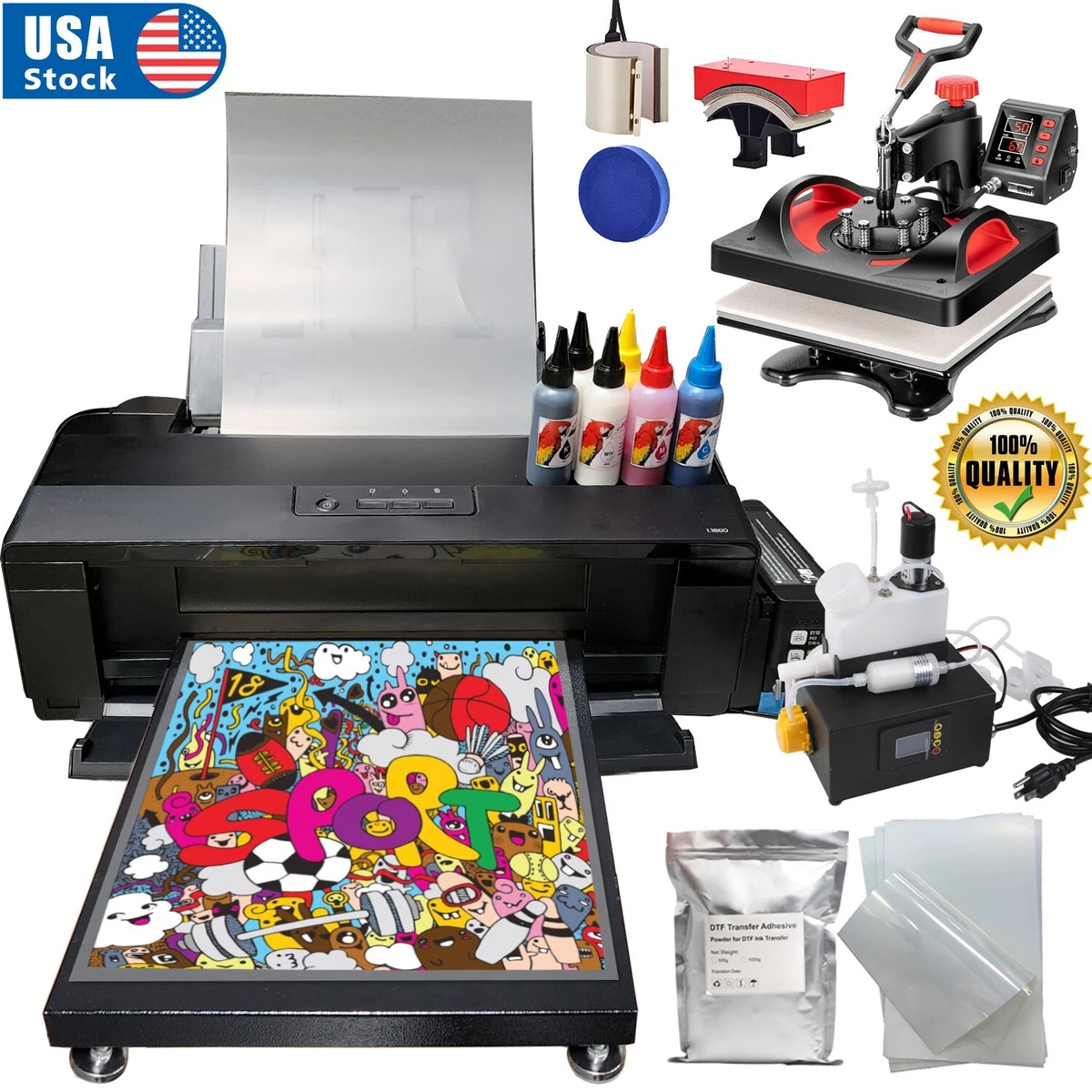 US A3+ L1800 DTF Printer Direct to Film Transfer Printer Heat Press Machine  set