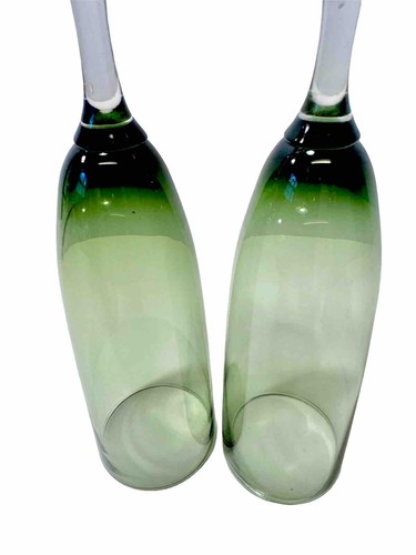 Pier 1 Teardrop Green Mouth Blown Bulbous Stem Fluted Champagne Glasses Set Of 2 - Picture 7 of 11