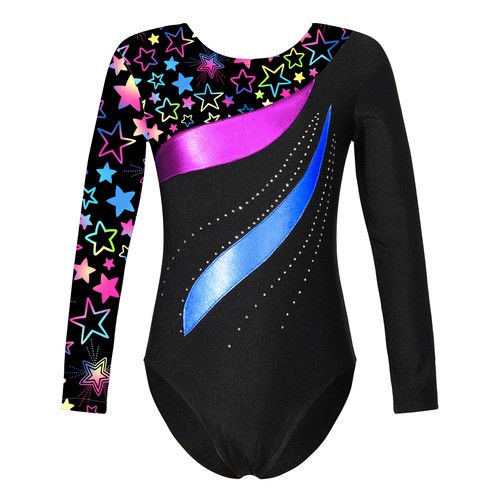 US Kids Girls One Piece Rhinestone Printed Gymnastic Leotards Bodysuit Dancewear - Picture 45 of 156