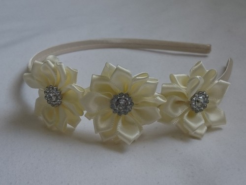 Satin Triple Flower Aliceband Headband with Gem Diamante Centre - Picture 3 of 17