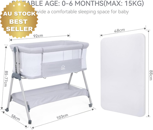 Baby Bassinet Co Sleeper 3-in-1 Bedside Crib w/ Mattress Mosquito Net Gray - Picture 6 of 12