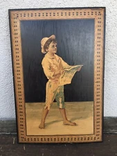 19th c. Italian Wood Inlay Photo Album Cover, Framed, Boy reading Newspaper