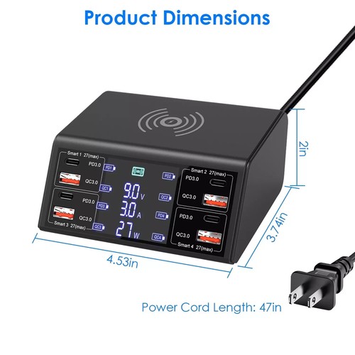 100W 8 Port Multi USB-C PD QC3.0 Fast Charger Phone Wireless Charging Station - Picture 9 of 11