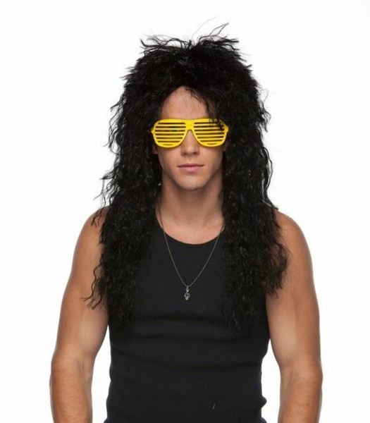 High Quality Heavy Metal 80's Hair Bands Black Curly Adult Costume Wig