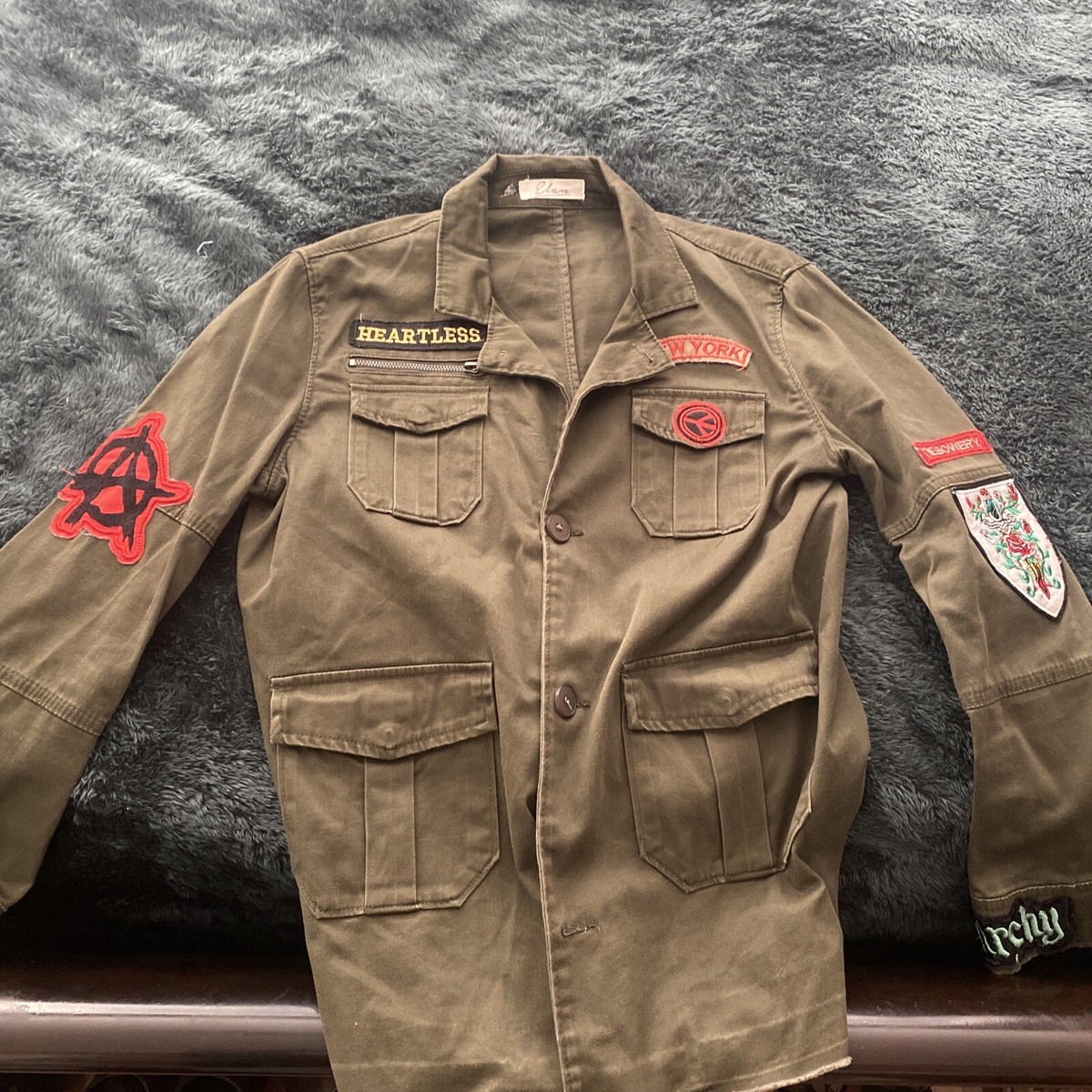 Elan Rock Roll Distressed Button Front Army Green Womens Patches