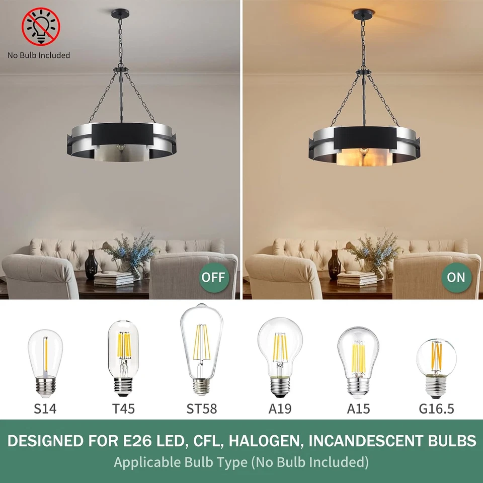 Lámpara de araña de tambor moderna, lámpara industrial de 26 pulgadas 5 luces níquel y negro Foto 4 de 4