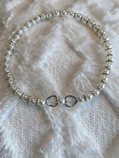 New Pearl Beaded Dog Collar Necklace Floating Hearts Silver Diamond Spacers