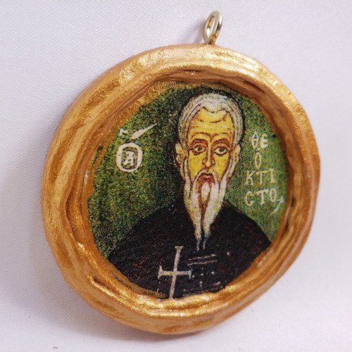 Saint Theoctistus Agios Theoktistos Rare Miniature Round Byzantine Icon on Wood - Picture 2 of 10