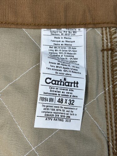 Carhartt Flame Resistant Work Pant 48x32 Quilt Lined Canvas Brown FRB194 New - Picture 7 of 13