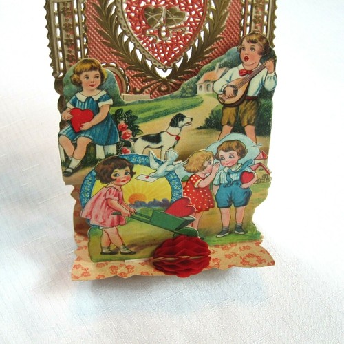 Vintage Valentine 1933 Die Cut Honeycomb 3D Pull Down Boys Girls Doves Germany  - Picture 2 of 12