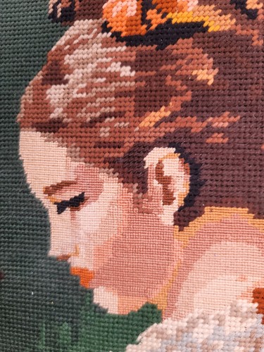 Needlepoint Portrait The Reader Tapestry Cross Stitch Victorian VTG 32x26 - Bild 5 von 14