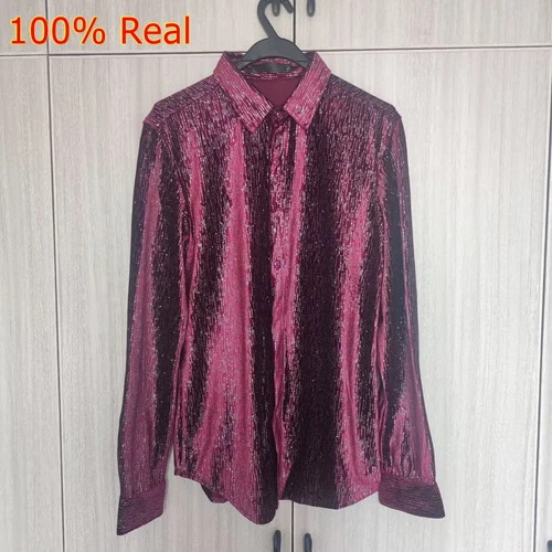 Men's Shiny Velvet Shirts Slim Fit Long Sleeve Fashion Social Shirt Clothing - Picture 6 of 17