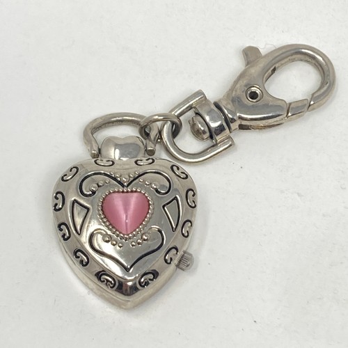 Heart Keychain Watch Women Fob Silver Tone Pink Cats Eye Pink Dial New Battery