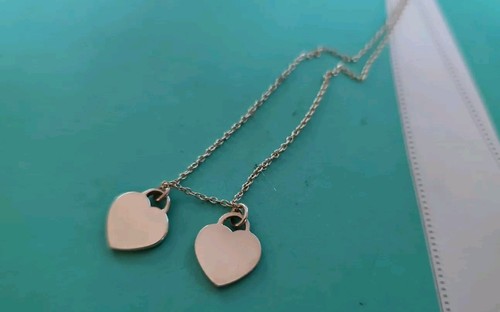 Authentic Tiffany & Co Mini Double Heart Tag Necklace On 16" Chain. Pink Enamel - Picture 4 of 8