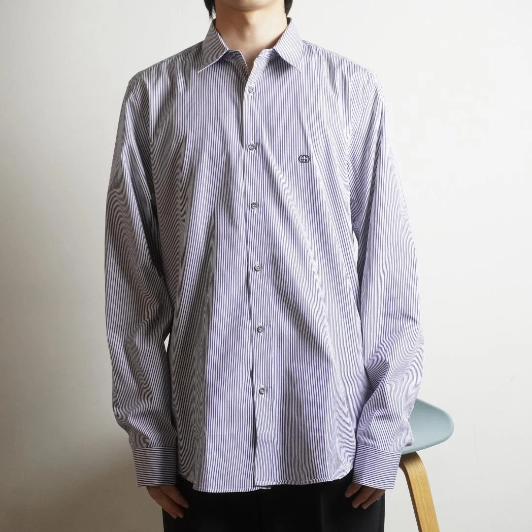 Haut chemise rayé slim manches longues GUCCI bleu marine 100% coton du Japon y4796