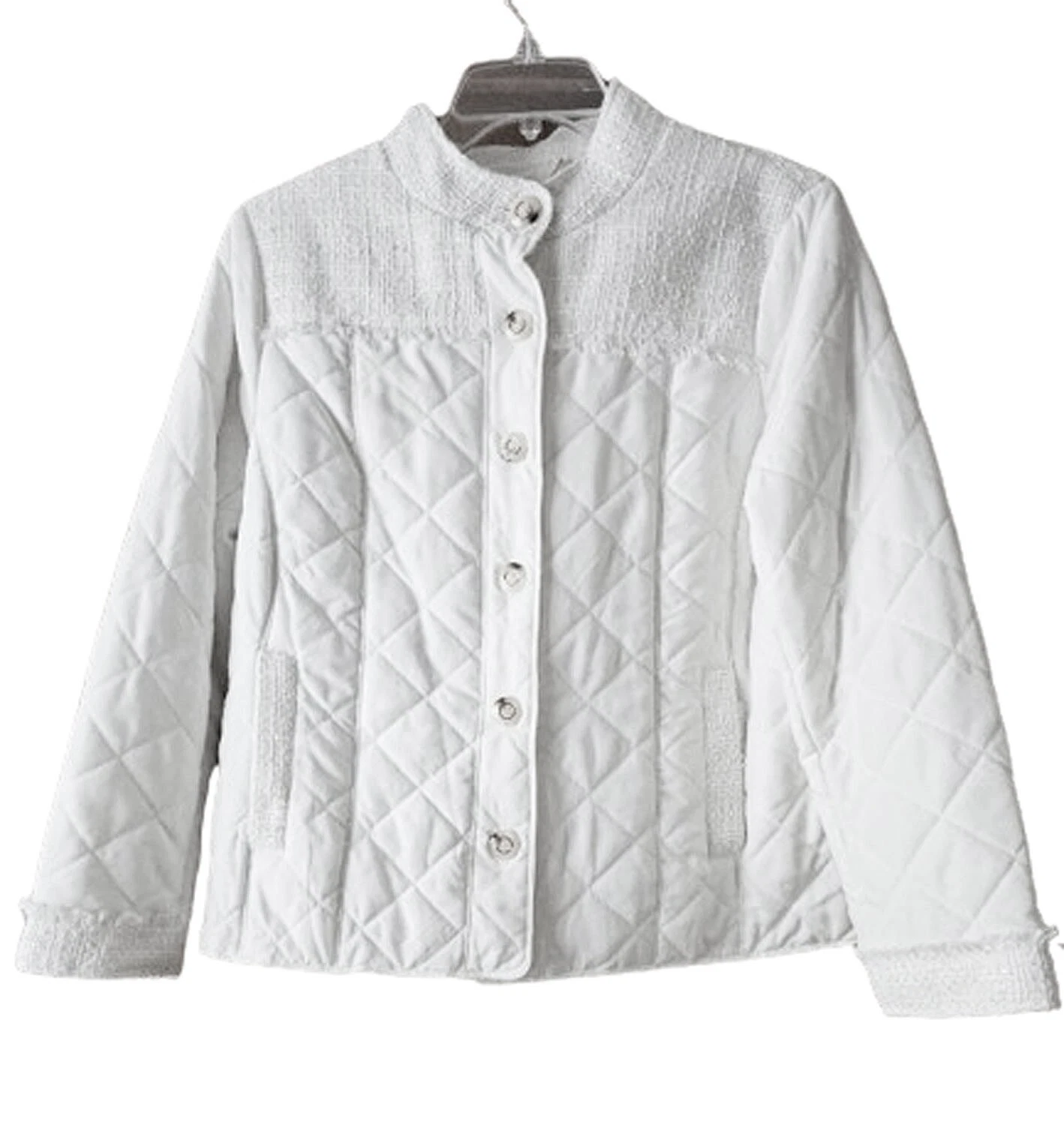 OFF WHITE NUOVO CON ETICHETTA CHICO'S TRAPUNTATO PUFF TWEED GIACCA CAPOSPALLA ECRU OFF WHITE TAGLIA 2