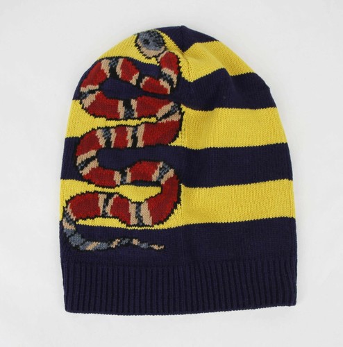 Gucci Blue/Yellow Striped Wool Knit Beanie with Snake M/58 500928 4075 - Picture 2 of 7