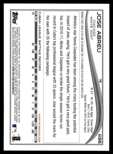 2014 TOPPS MINI ROOKIE Jose Abreu Chicago White Sox #496 R1 - Picture 2 of 2