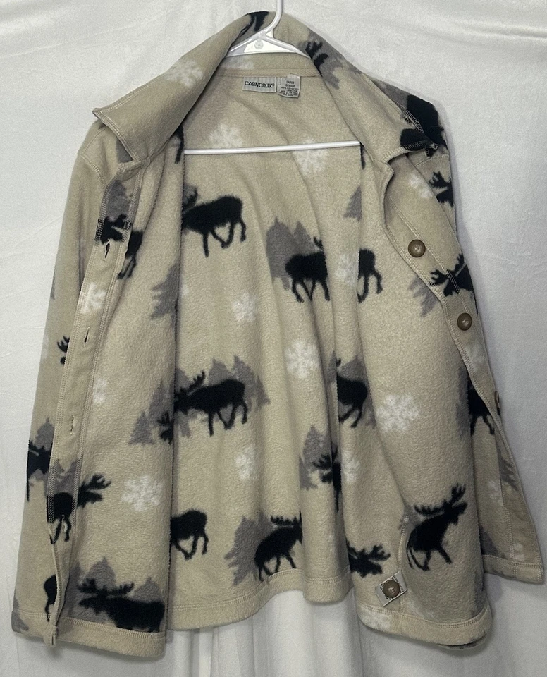 Cabin Creek Vintage Fleece Shirt Jacket Moose Print Collared Button Up Lounge - Image 2 of 4
