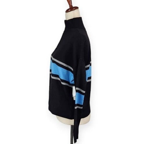 Suéter BP Cuello Simulado 1/4 Cremallera Negro Azul Rayas Desegulares Para Mujer Talla Mediana Nuevo - Imagen 3 de 12