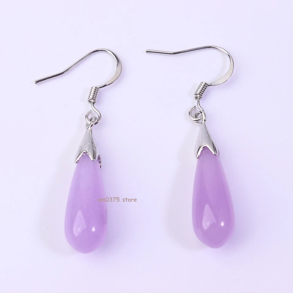镀白金紫色玉石英女式翡翠雨滴耳环钩 — 第 3/4 张图片