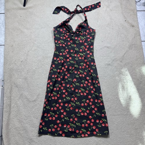 Vestido Morbid Threads para mujer pequeño estampado de cereza halter lazo acento vintage - Imagen 8 de 14