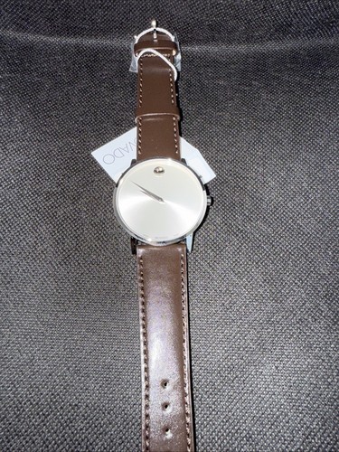 NEW MOVADO CLASSIC WHITE DIAL BROWN BAND MENS WATCH - Picture 4 of 4