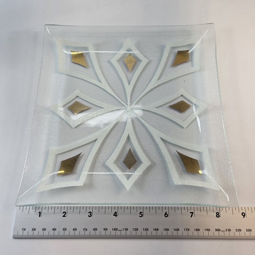 Vintage MCM Starburst Atomic Square Bent Glama Glas 9" Quadratische Platte Gold Weiß - Bild 7 von 7