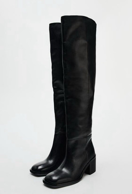 ZARA WOMEN SQUARE TOE OVER-THE-KNEE LEATHER BOOTS BLACK SIZE