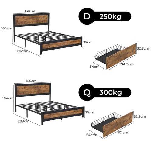 Levede Bed Frame Industrial Double Queen Mattress Base Wood (4 Drawers Optional) - Picture 2 of 42