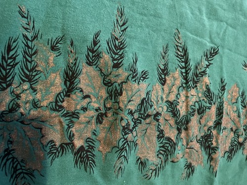 Vintage Christmas Gold Holly Cotton Green Tablecloth 50x54 Flaws - Picture 3 of 7