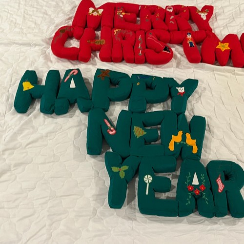 VTG Kitschy Merry Christmas Happy New Year Banner Sign Stuffed Cloth 3D Pick One - Picture 3 of 22