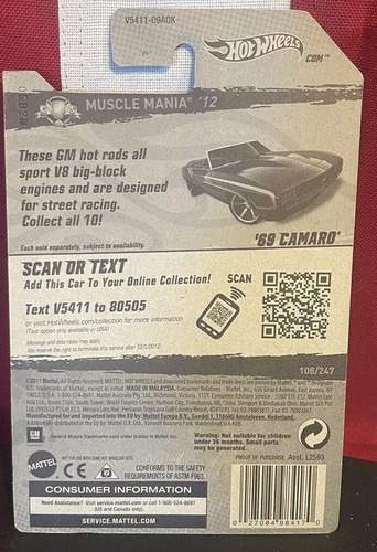 Hot Wheels 2012 Muscle Mania - GM - 69 Camaro Black 108 Treasure Hunt - Picture 2 of 2