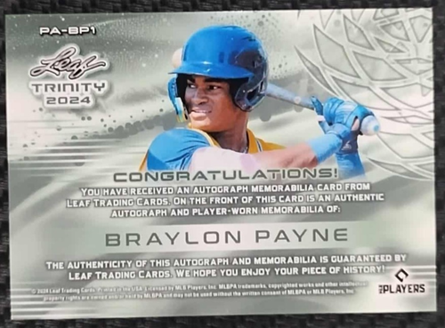 2024 Leaf Trinity Braylon Payne Jersey /99 Patch RPA AUTO Rookie BREWERS #PABP1 - Bild 2 von 6