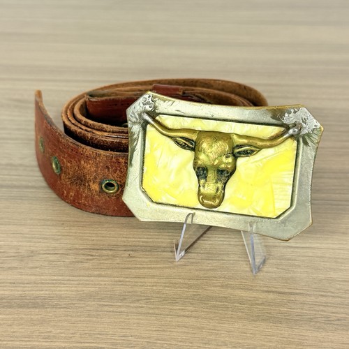 Vintage Western Longhorn Bull Golden Pearl Lucite Celluloid Buckle Leather Belt - Picture 11 of 13