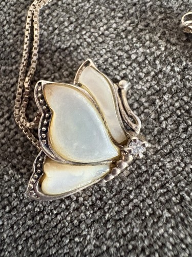 Sterling Silver 925 Chain Mother Of Peare Butterfly Silver 925 Pendant Necklace - Picture 2 of 4